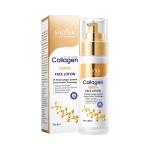 SADOER Collagen Face Lotion anti-aging moisturizer bottle and retail packaging with gold detailing.