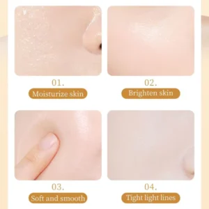 Four panels showing SADOER Collagen Face Lotion benefits: moisturize, brighten, smooth, and tighten skin.