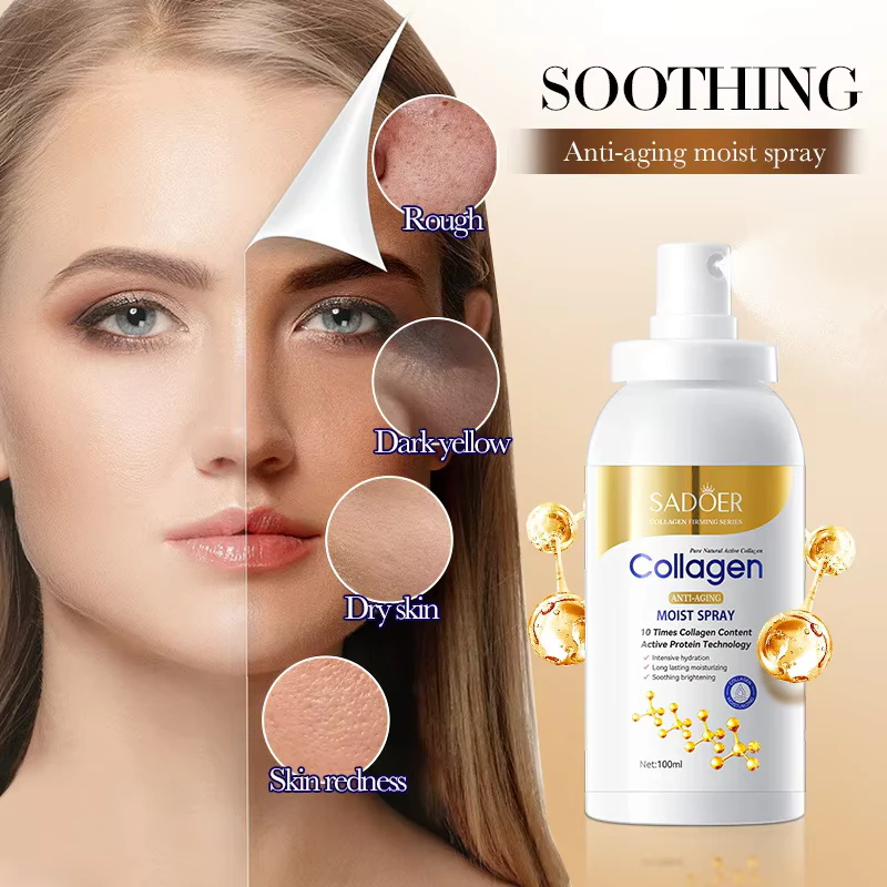 SADOER Collagen Facial Spray bottle with a model showing skin transformation from rough to radiant.