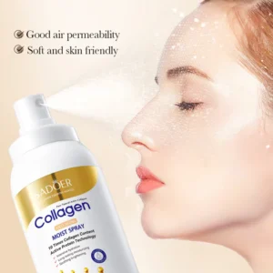 Woman applying SADOER Collagen Facial Spray ultra-fine mist to her face for instant hydration.