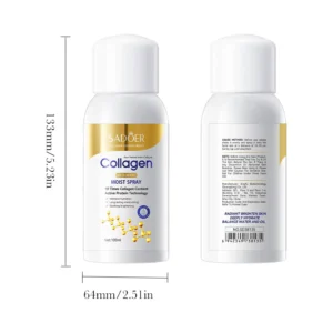 Front and back views of SADOER Collagen Facial Spray 100ml bottle with product dimensions.