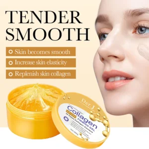 SADOER Collagen Firming Gel jar beside a woman applying the product for smoother, firmer skin.