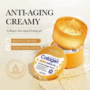 SADOER Collagen Firming Gel amber jar showing the translucent moisturizing texture on a golden water background.