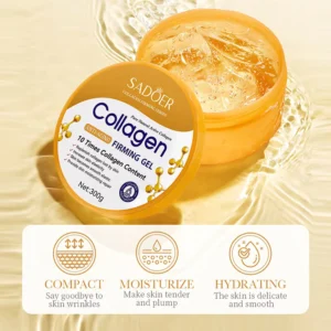Open jar of SADOER Collagen Firming Gel showing moisturizing texture and skin-firming benefits icons.