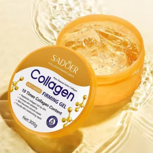 Open jar of SADOER Collagen Firming Gel showing clear moisturizing gel texture on rippled water.