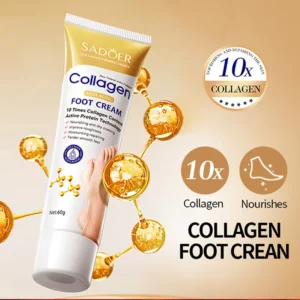 SADOER Collagen Foot Cream packaging featuring 10x active protein technology for repairing dry, cracked feet.