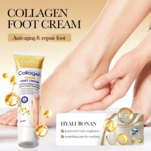 SADOER Collagen Foot Cream being applied to a foot for intensive moisturizing and skin repair.