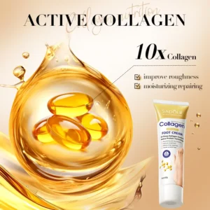 SADOER Collagen Foot Cream graphic showcasing active collagen capsules for moisturizing and repairing rough skin.