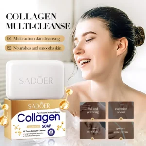 SADOER Collagen Soap Bar packaging and product with a smiling woman and skin concern highlights.