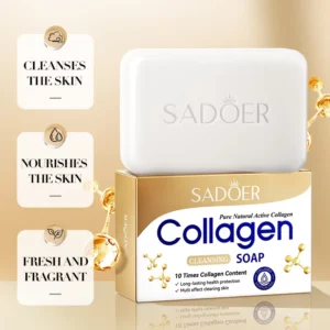 SADOER Collagen Soap Bar displayed on gold packaging with cleansing and nourishing skin benefits.