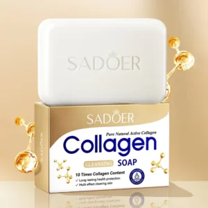 SADOER Collagen Soap bar resting on its gold and white cleansing soap packaging box.