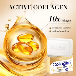 SADOER Collagen Soap Bar with its packaging box and golden collagen-filled capsules.