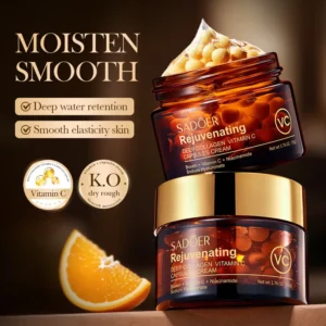 Stacked jars of SADOER Deep Collagen Vitamin C Face Cream showcasing hydrating capsules and smooth skin texture.