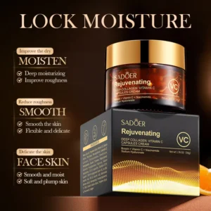 SADOER Deep Collagen Vitamin C Face Cream jar and box highlighting moisturizing and smoothing benefits.