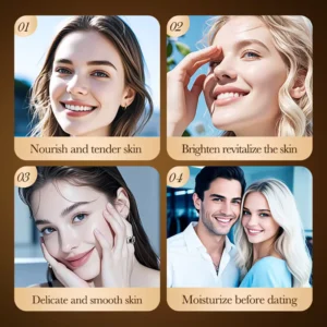 Four panels showing SADOER Deep Collagen Vitamin C Face Cream benefits for bright, smooth, and hydrated skin.