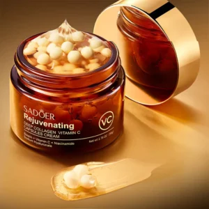 SADOER Deep Collagen Vitamin C Face Cream jar featuring white capsules in a clear gel.