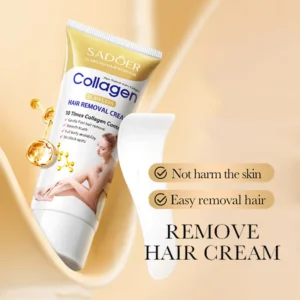 SADOER Flawless Collagen Hair Removal Cream tube with a white spatula and smooth skin model.