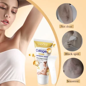SADOER Flawless Collagen Hair Removal Cream tube showing smooth results and skin concern comparisons.