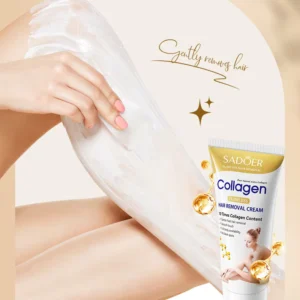 A person applying SADOER Flawless Collagen Hair Removal Cream to their leg with a spatula.