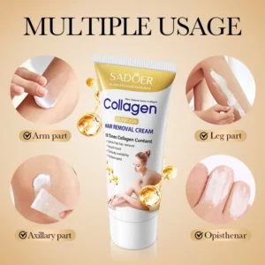 SADOER Flawless Collagen Hair Removal Cream showing multiple usage demonstrations on different body parts.