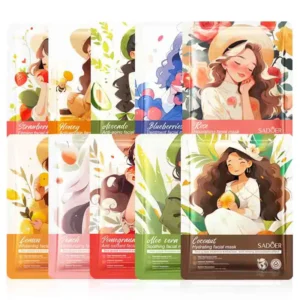 SADOER Fruit Face Sheet Mask featuring various hydrating and soothing fruit-extract-infused sachets.