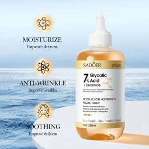 SADOER Glycolic Acid Facial Toner showcasing moisturizing, anti-wrinkle, and soothing skin benefits.