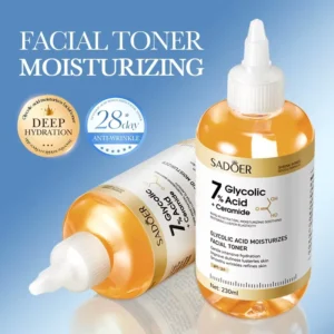 Two bottles of SADOER Glycolic Acid Facial Toner for hydrating and refining skin texture.