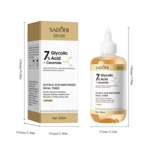 SADOER Glycolic Acid Facial Toner packaging and 230ml bottle showing product dimensions and measurements.