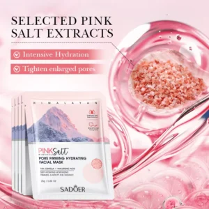 SADOER Himalayan Pink Salt Face Sheet Mask packets with pink salt extracts for intensive hydration.