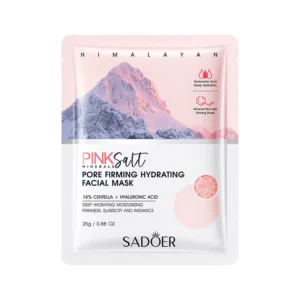 SADOER Himalayan Pink Salt Face Sheet Mask pouch featuring mountain imagery and hydrating benefits.