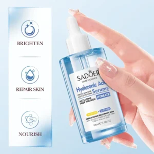 Hand holding SADOER Hyaluronic Acid Face Serum bottle with brighten, repair, and nourish benefit icons.