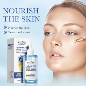 SADOER Hyaluronic Acid Face Serum being applied to a woman’s face for deep hydration.