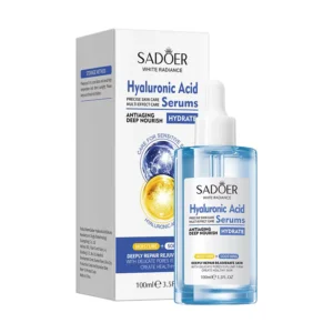 SADOER Hyaluronic Acid Face Serum packaging and glass dropper bottle for deep skin hydration.