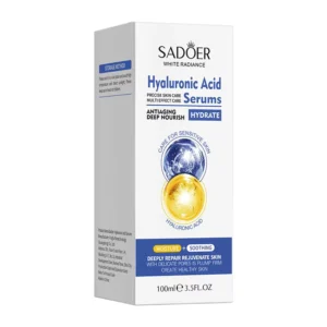 SADOER Hyaluronic Acid Face Serum packaging featuring moisture, soothing, and deep hydration benefits.