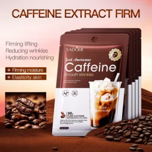 SADOER Iced Americano Caffeine Face Sheet Masks displayed with roasted coffee beans for skin firming.
