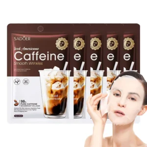 SADOER Iced Americano Caffeine Face Sheet Mask packaging and a woman applying the firming mask.