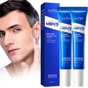 Man applying SADOER Men’s Nourishing Eye Cream alongside the product tubes and packaging.