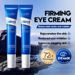 Two tubes of SADOER Men's Nourishing Eye Cream highlighting firming benefits against a coastal background.