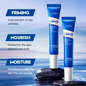 SADOER Men's Nourishing Eye Cream tubes on river rocks highlighting firming and hydrating skincare benefits.