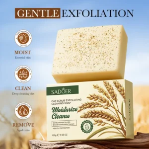 SADOER Oat Exfoliating Soap Bar resting on its packaging showcasing its gentle exfoliating particles.