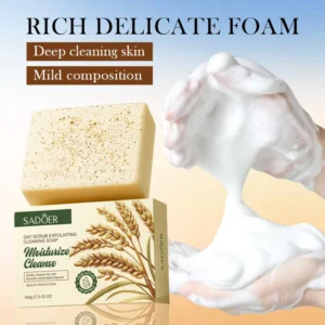SADOER Oat Exfoliating Soap Bar with packaging and a rich, white cleansing foam.