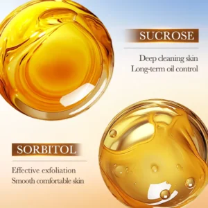 SADOER Oat Exfoliating Soap Bar ingredient droplets highlighting sucrose for oil control and exfoliating sorbitol.