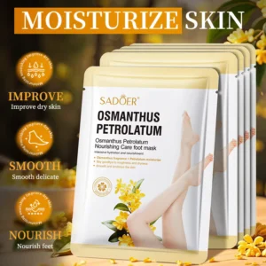 SADOER Osmanthus Petrolatum Foot Mask packets featuring smooth legs and nourishing yellow osmanthus flowers.