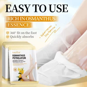 SADOER Osmanthus Petrolatum Foot Mask packaging and a person wearing the moisturizing treatment booties.