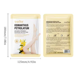 Front and back packaging of SADOER Osmanthus Petrolatum Foot Mask, including dimensions and usage instructions.