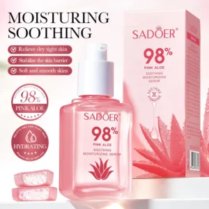 SADOER Pink Aloe Serum bottle and packaging designed to soothe and hydrate dry skin.