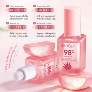 SADOER Pink Aloe Serum bottles with aloe slices and text highlighting soothing and moisturizing benefits.