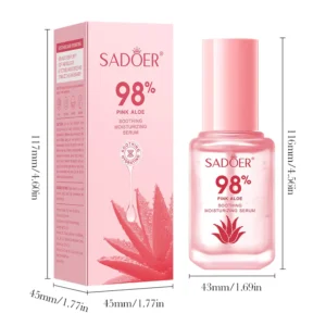 SADOER Pink Aloe Serum bottle and box with clear size and packaging dimension labels.