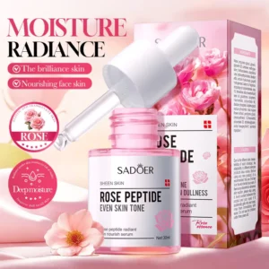 SADOER Rose Peptide Face Serum bottle and packaging on a radiant pink background with a rose.