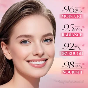 Radiant woman showcasing moisture and skin texture results for SADOER Rose Peptide Face Serum.